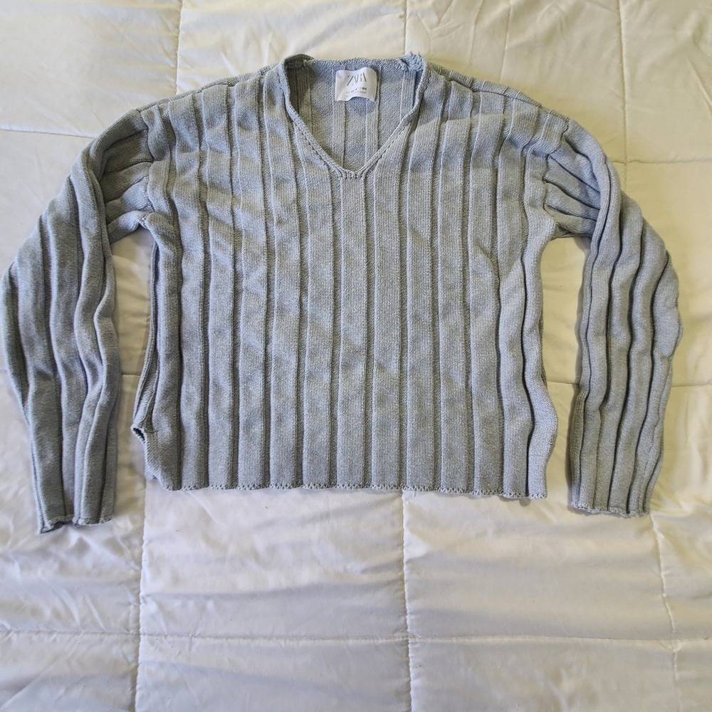 Zara Sweater Women's Size 13-14 Chunky Ribbed Grey Long Sleeve V Neck‎